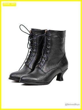 Women's Victorian Ankle Boots - Mid Calf, Round Toe, Chunky Heel & Lace Up